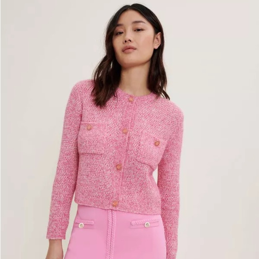 Maje Knit Cardigan with Shiny Finish- Pink